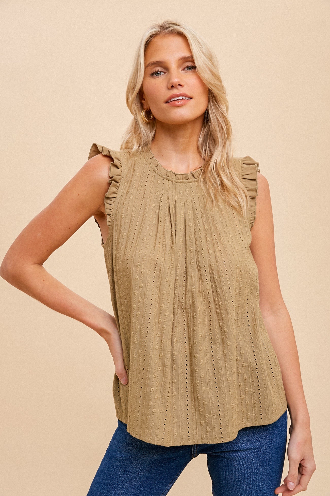 Pin Tuck Eyelet Frill Blouse- Olive