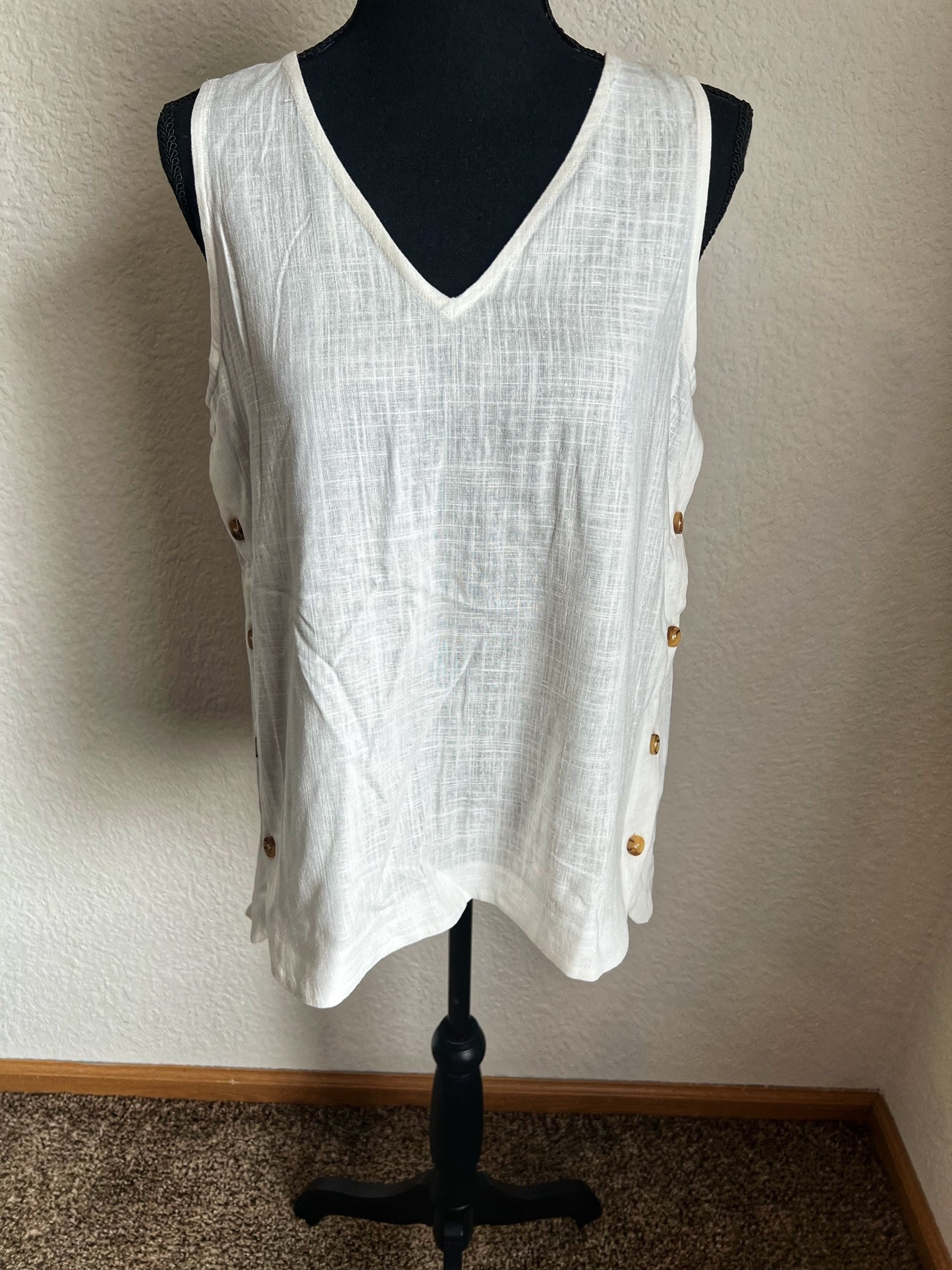 Double Button Down V-Neck Tank Top- Off White