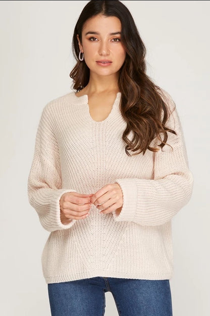 Long Sleeve V Neck Sweater- Cream