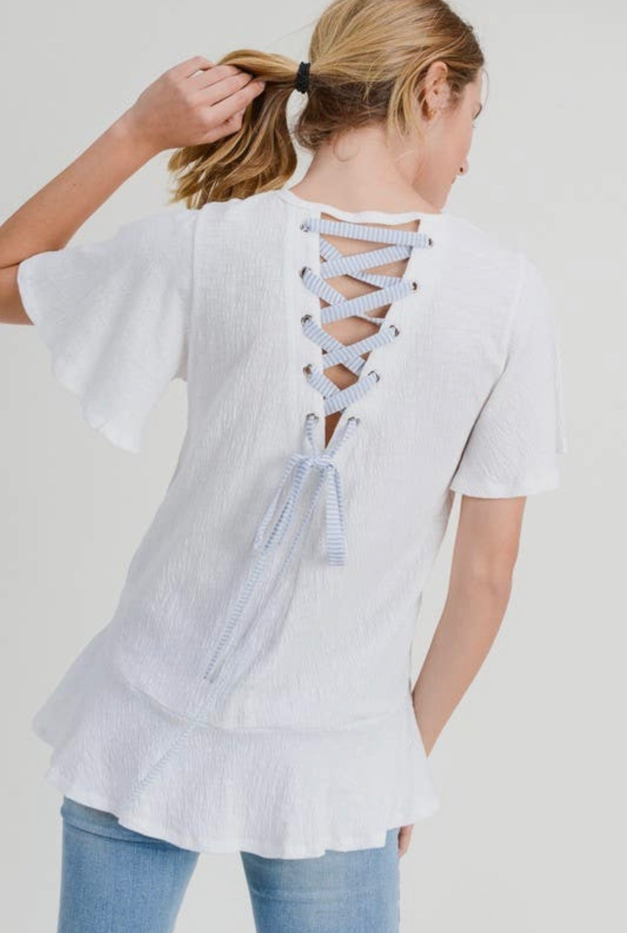 Back V-Neck With Tie Down Back- White