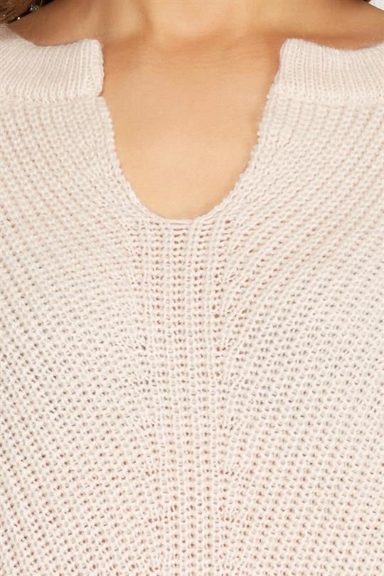 Long Sleeve V Neck Sweater- Cream