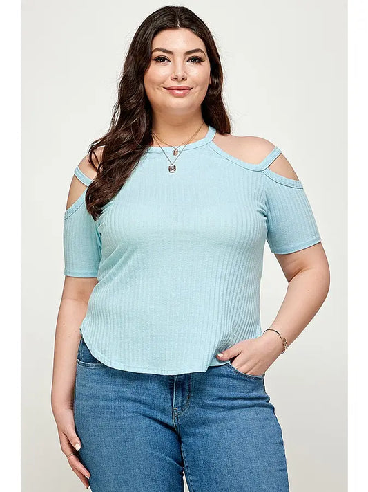 Cut Out Ribbed Cold Shoulder Top