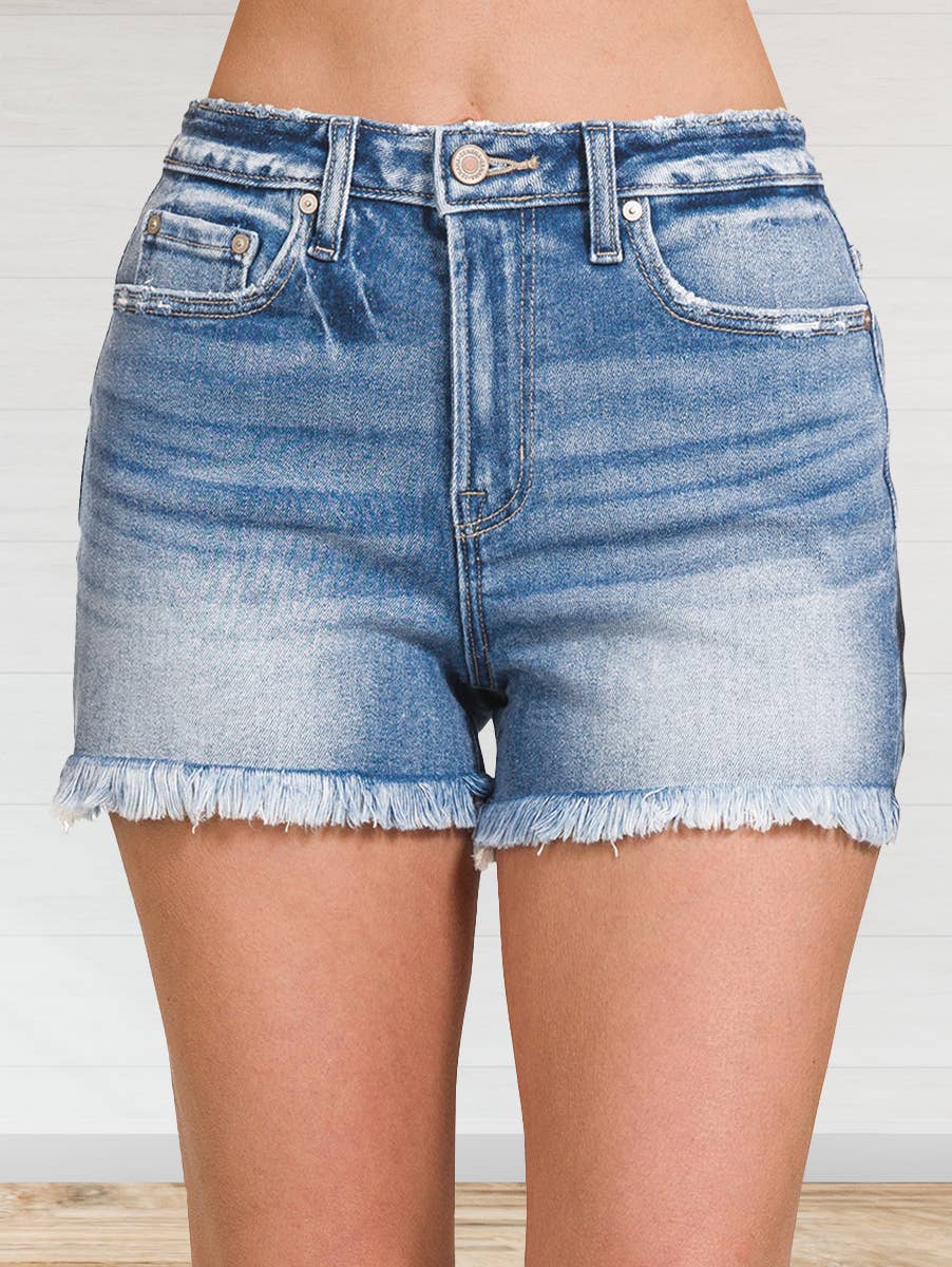18 Mid Rise Frayed Hem Denim Shorts- Medium Wash
