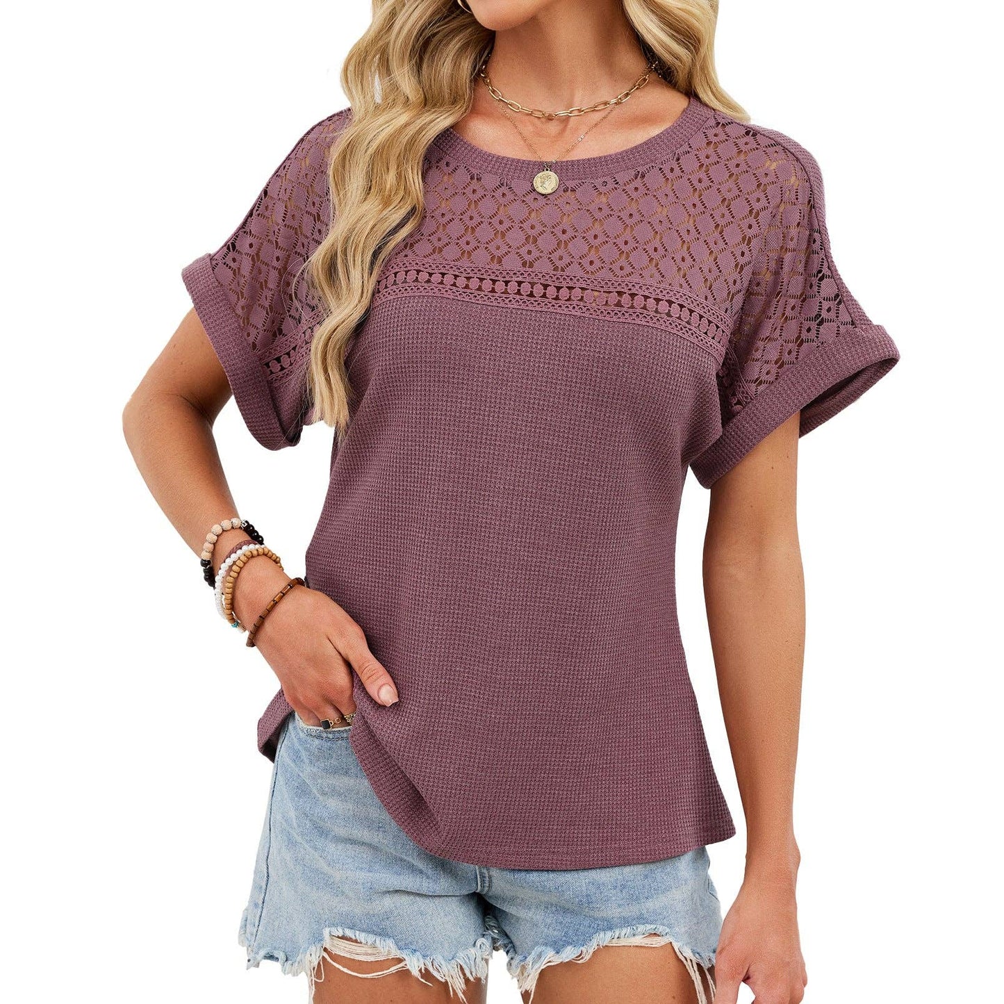 Lace Trim Relaxed Fit Short Sleeve T-Shirt