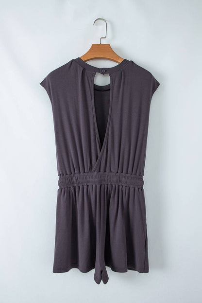 Open Back Cap Sleeve Drawstring Knit Romper