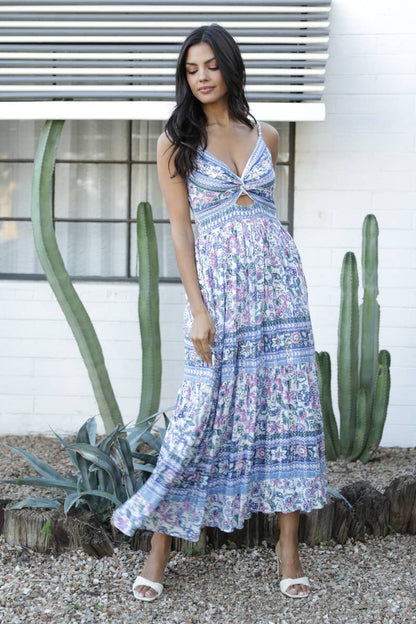 V-Neck Twist Front Maxi Dress- Multi Color