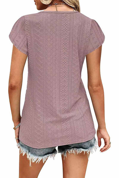 5 Buckled V Neck Punching Lace Tulip Sleeve Tee