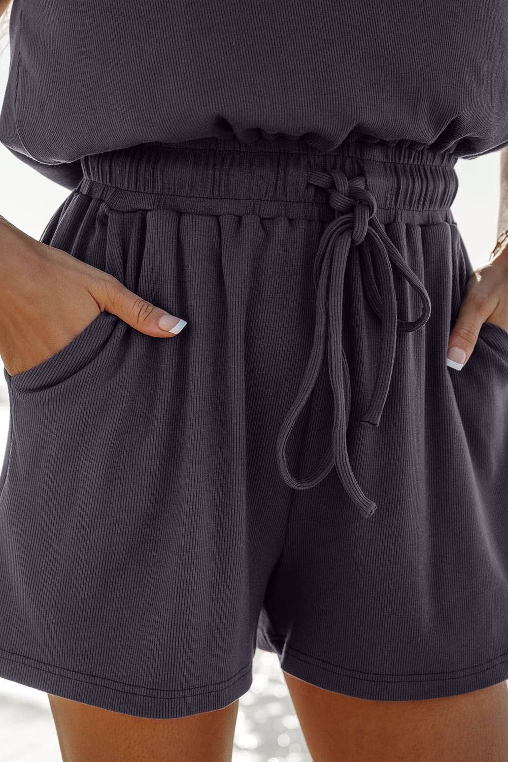 Open Back Cap Sleeve Drawstring Knit Romper