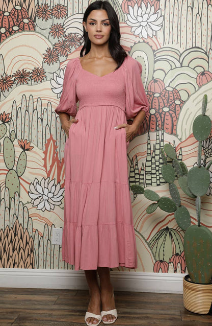 Smocked Bodice Half Puff Sleeve Midi Dress- Rose