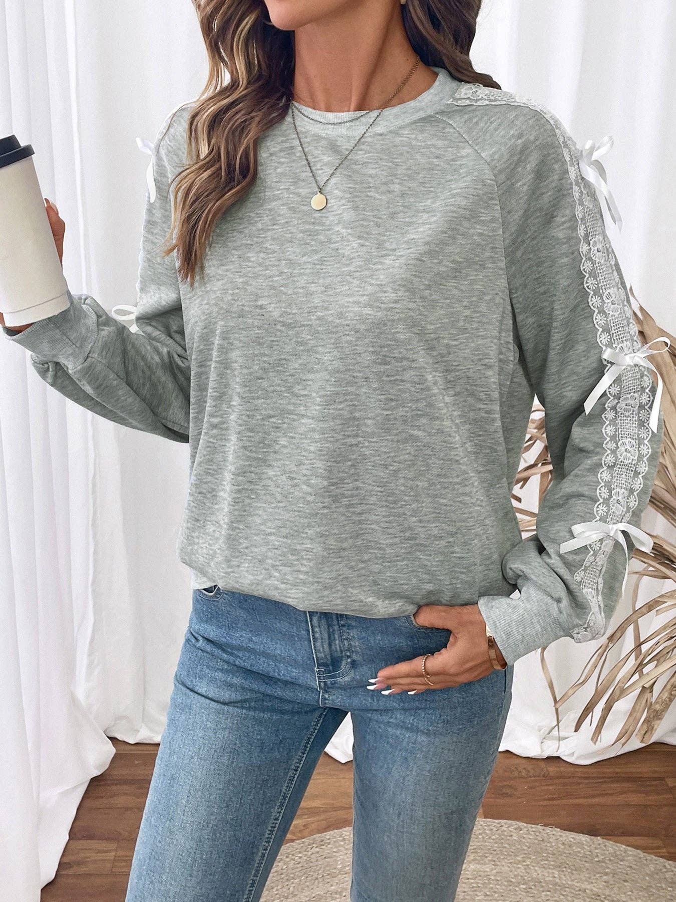 Lace Bow Tie Patchwork Long Sleeve Sweatshirt- Grey