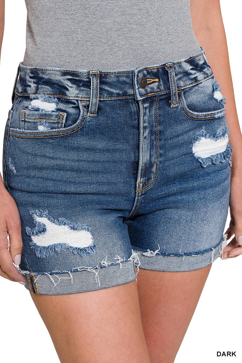 17 High Rise Distressed Cuffed Raw Hem Denim Shorts- Dark Wash
