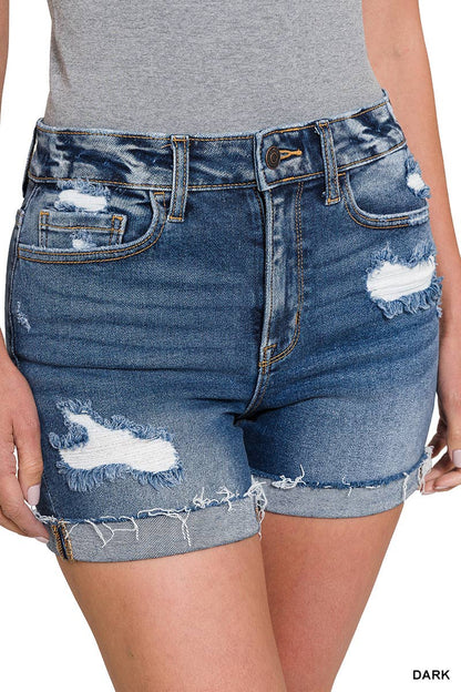 17 High Rise Distressed Cuffed Raw Hem Denim Shorts- Dark Wash
