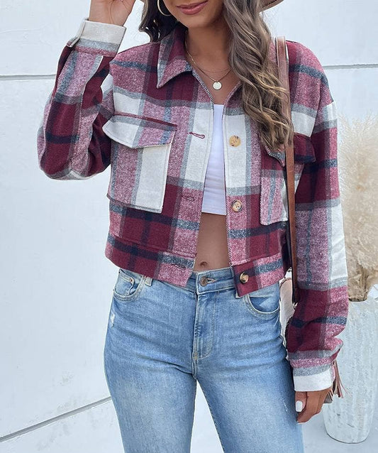 Cropped Plaid Cardigan Vintage Jacket- Burgundy