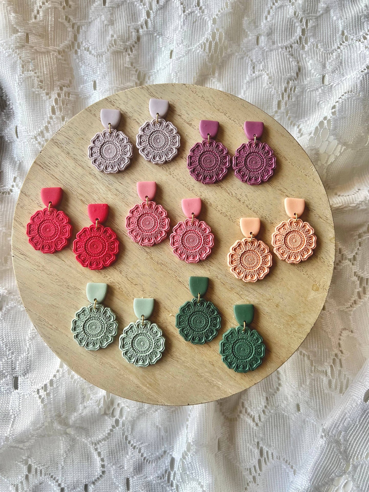 Spring Mandala Flowers, Flower Clay Earrings