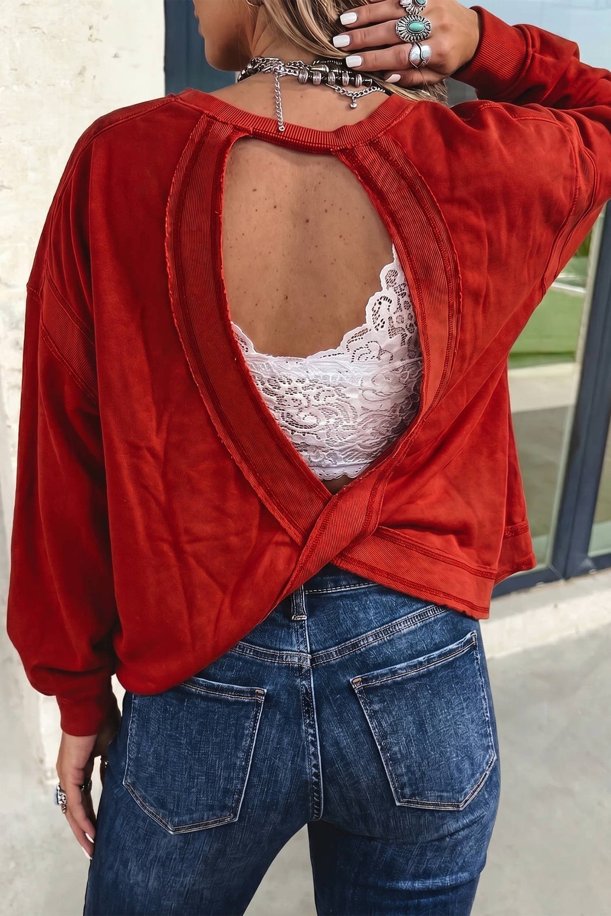 Solid Western Drop Shoulder Cutout Back Sweatshirt
