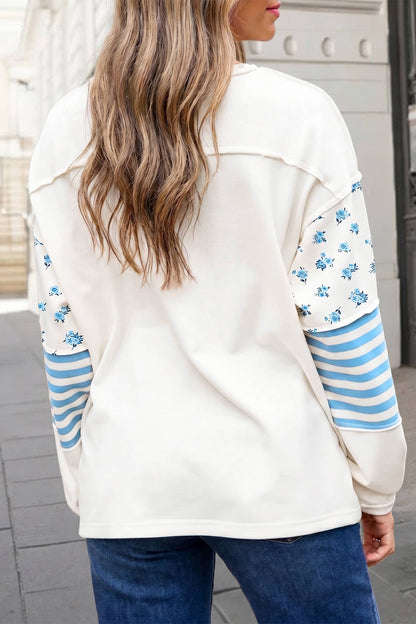 Striped Print Floral Long Sleeve  Pullover Top