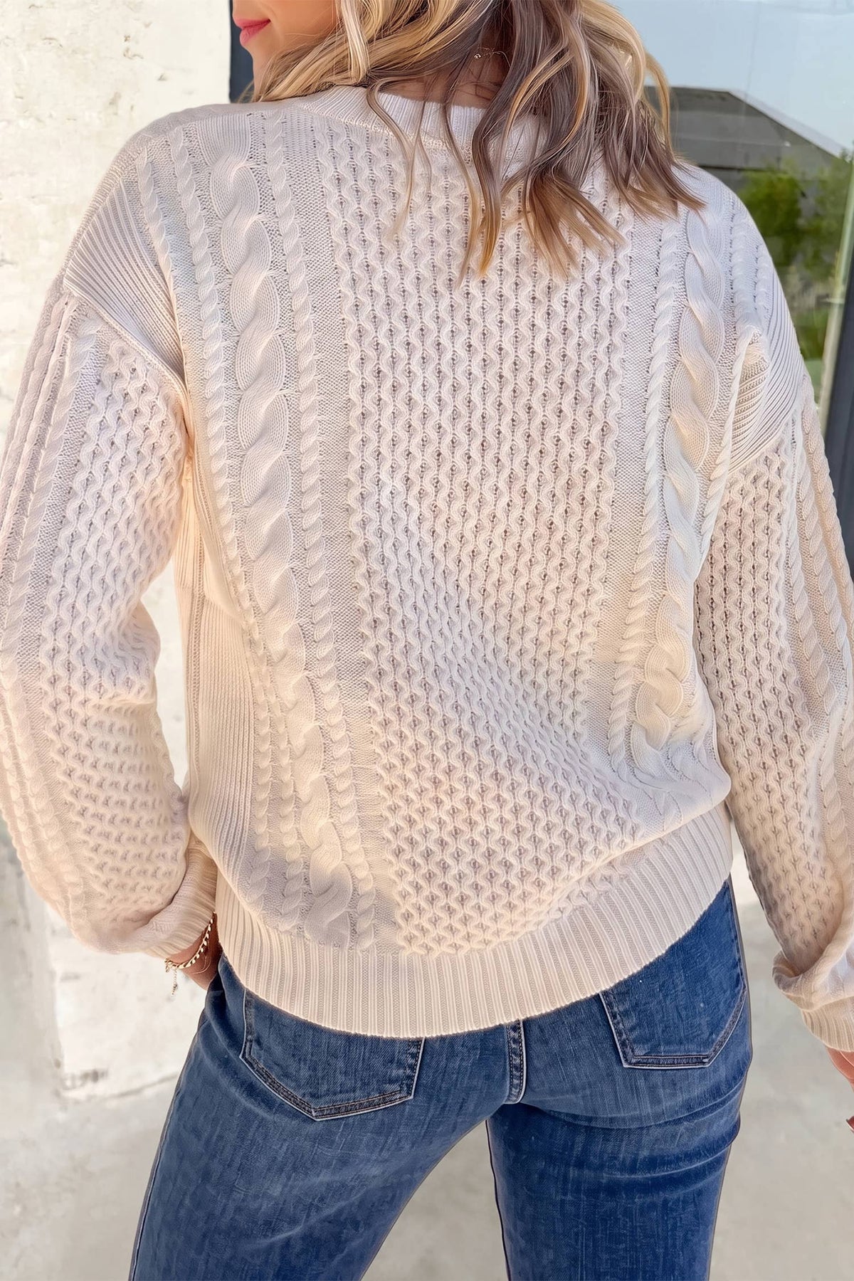 Solid Crew Neck Color Cable Knit Loose Sweater
