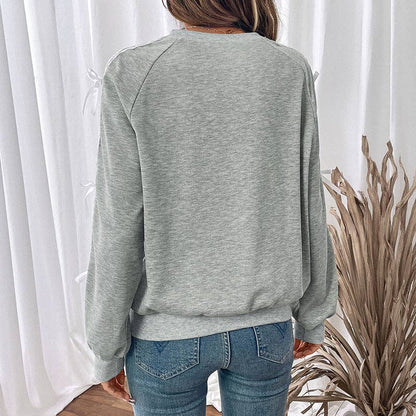 Lace Bow Tie Patchwork Long Sleeve Sweatshirt- Grey