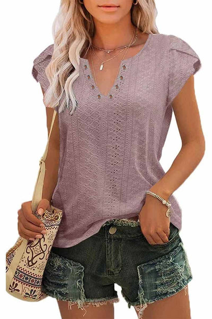 5 Buckled V Neck Punching Lace Tulip Sleeve Tee