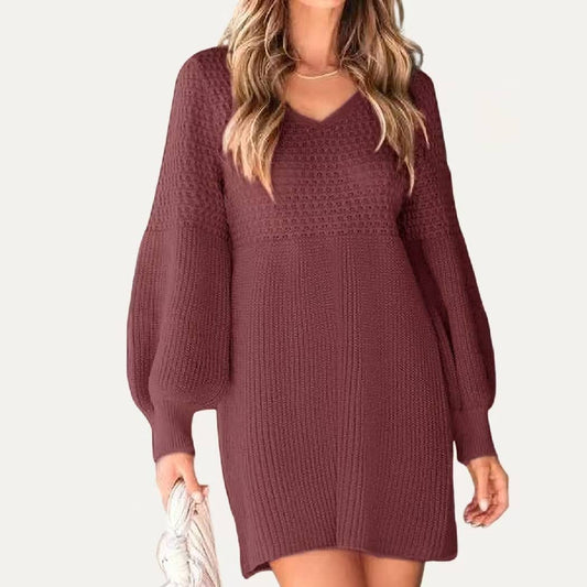 Winter Burgundy V Neck Long Sleeve Loost Knit Dress- Burgundy