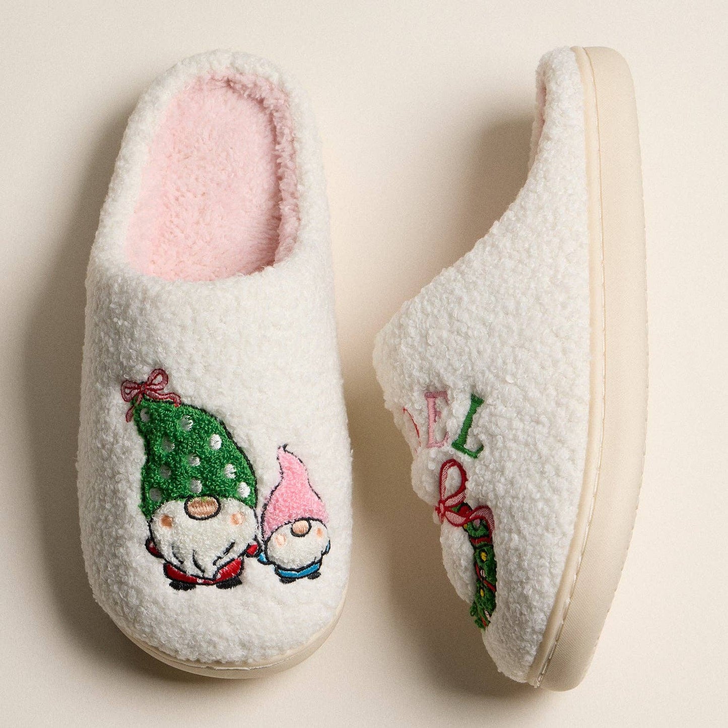 Fuzzy Holiday Slippers with Gnome and GNOEL Wreath Design