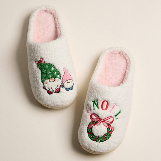 Fuzzy Holiday Slippers with Gnome and GNOEL Wreath Design