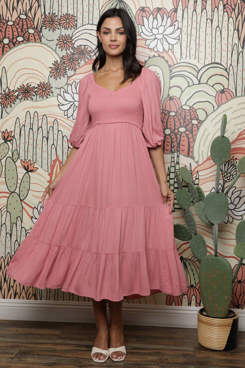 Smocked Bodice Half Puff Sleeve Midi Dress- Rose
