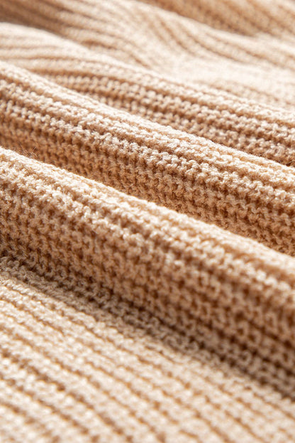 Contrast Stripe 3/4 Sleeve Crewneck Sweater- Light French Beige