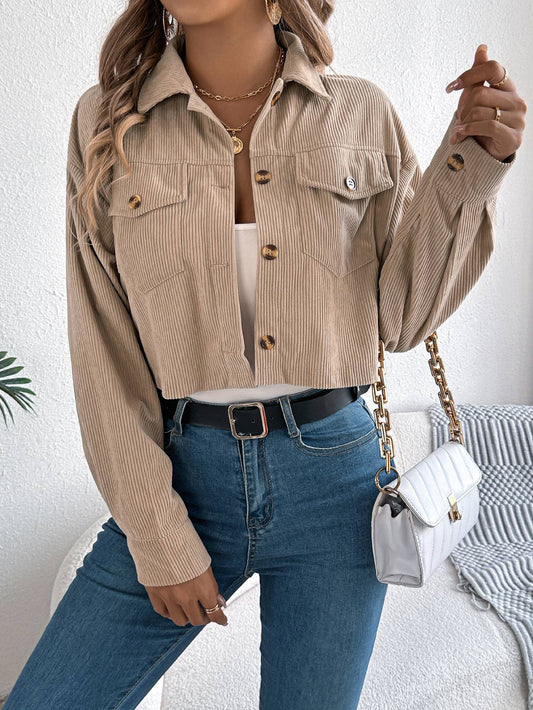 Casual Pocket Corduroy Cropped Jacket