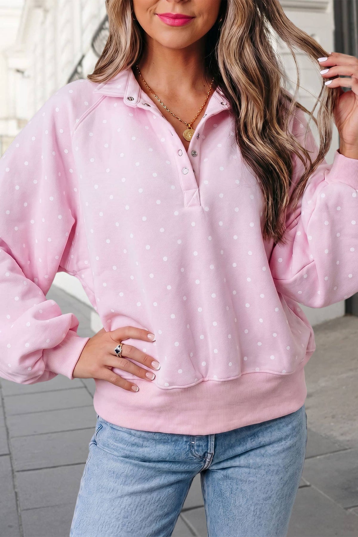 Polka Dot Print Button Collar Mockneck Sweatshirt